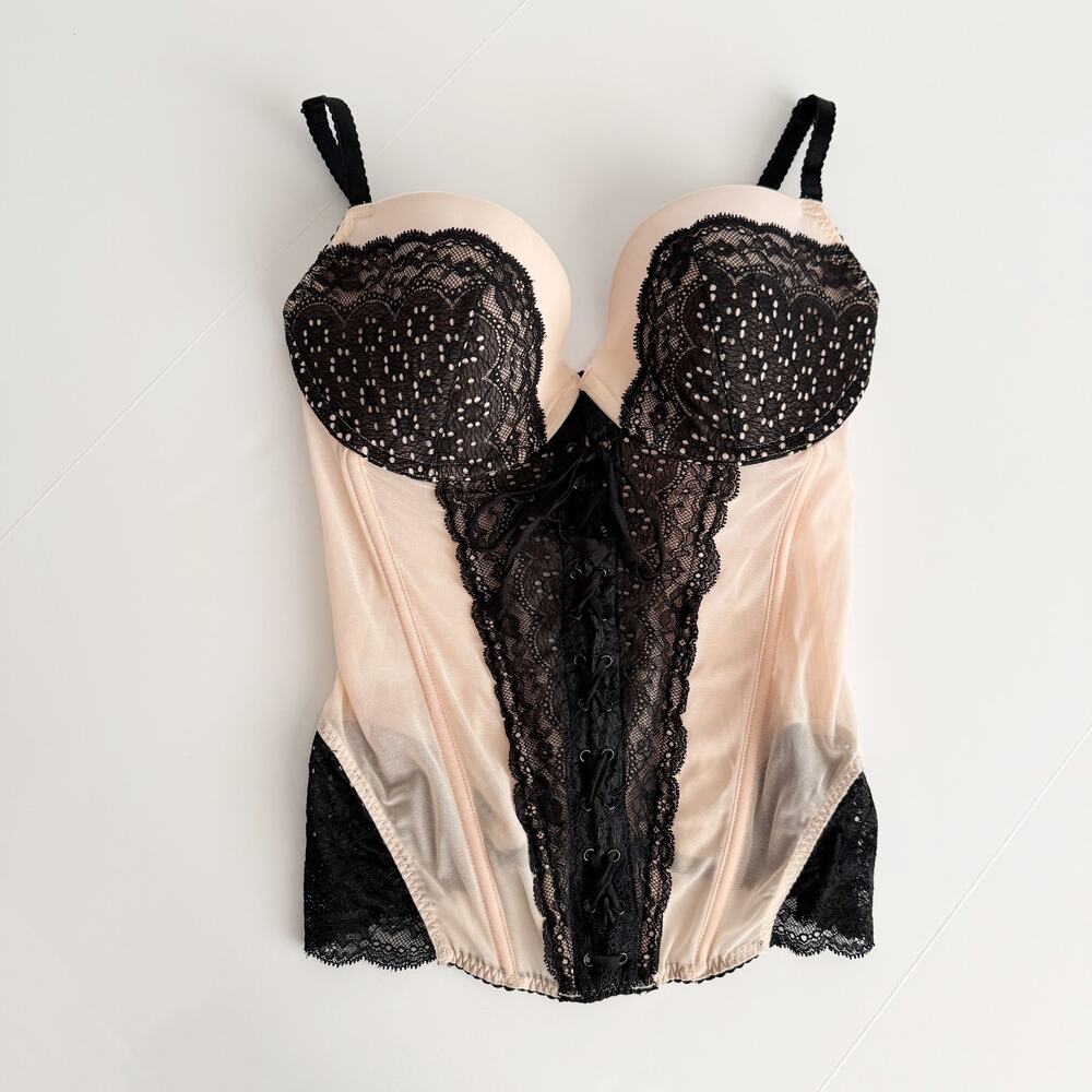 [Victoria's Secret] Y2K Pink Black Eyelet Lace Corset Push Up Bustier Top Sz 36D